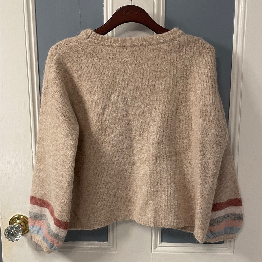 Boden Light Gray Crewneck Sweater with Pink & Blue Cuff Stripes - Picture 9 of 9